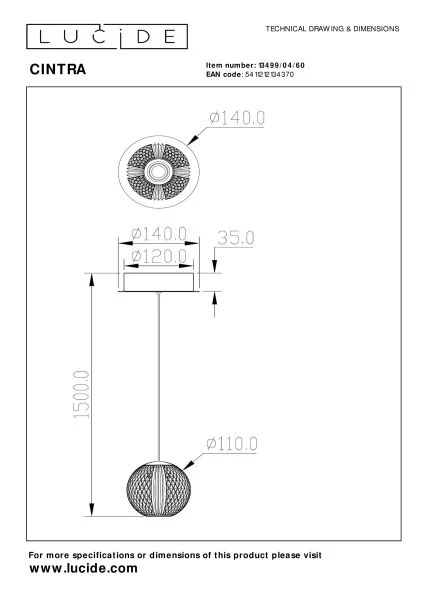 Lucide CINTRA - Pendelleuchten - Ø 14 cm - LED - 1x5,7W 2700K - Transparent - technisch